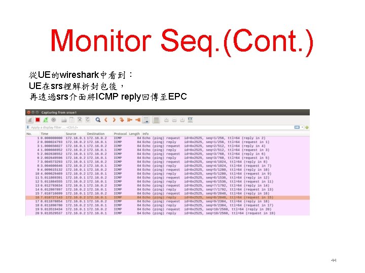 Monitor Seq. (Cont. ) 從UE的wireshark中看到： UE在srs裡解析封包後， 再透過srs介面將ICMP reply回傳至EPC 44 
