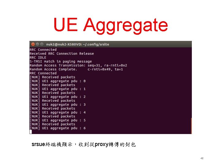 UE Aggregate srsue終端機顯示，收到從proxy轉傳的封包 45 