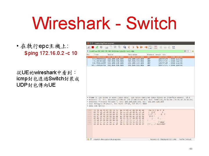 Wireshark - Switch • 在執行epc主機上: $ ping 172. 16. 0. 2 -c 10 從UE的wireshark中看到：