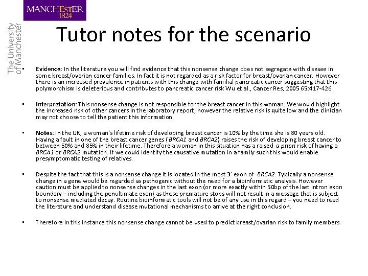 Tutor notes for the scenario • Evidence: In the literature you will find evidence
