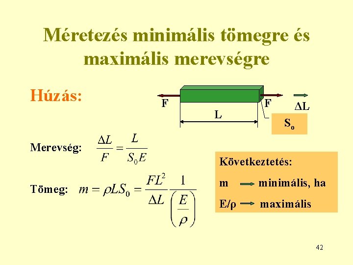 Méretezés minimális tömegre és maximális merevségre Húzás: F L F ΔL So Merevség: Következtetés: