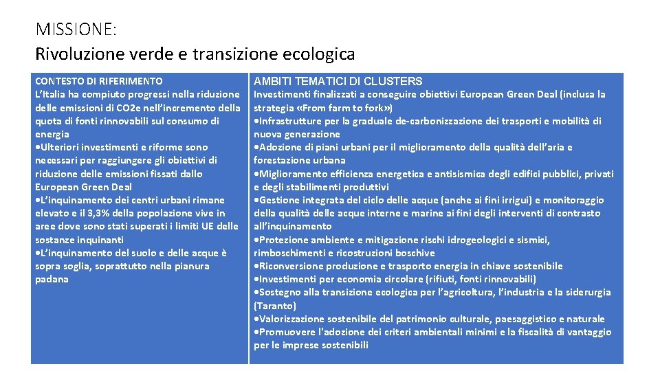 MISSIONE: Rivoluzione verde e transizione ecologica CONTESTO DI RIFERIMENTO L’Italia ha compiuto progressi nella MISSIONE: Rivoluzione verde e transizione ecologica CONTESTO DI RIFERIMENTO L’Italia ha compiuto progressi nella