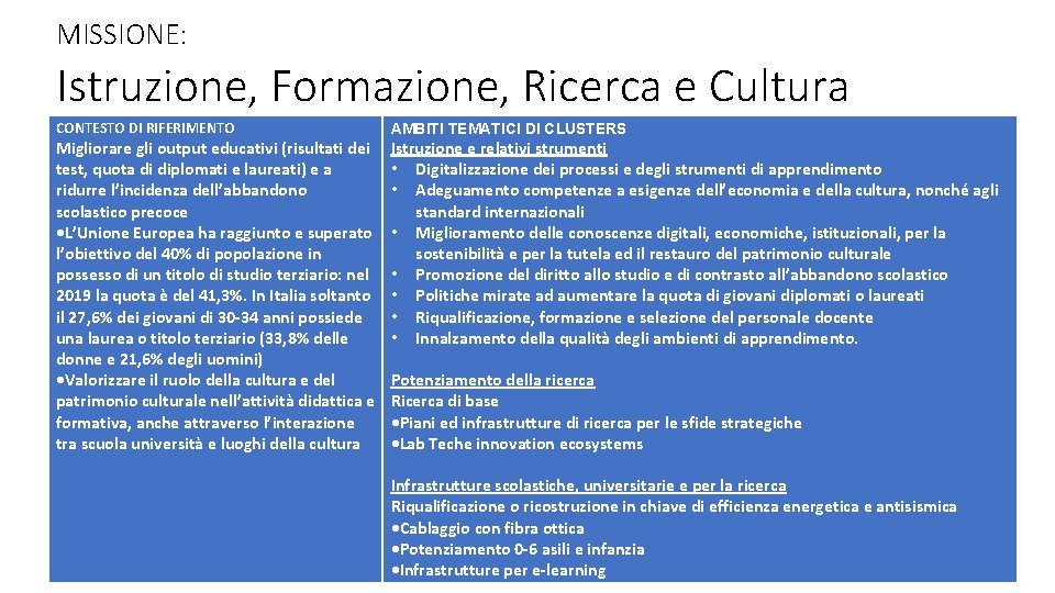 MISSIONE: Istruzione, Formazione, Ricerca e Cultura CONTESTO DI RIFERIMENTO Migliorare gli output educativi (risultati MISSIONE: Istruzione, Formazione, Ricerca e Cultura CONTESTO DI RIFERIMENTO Migliorare gli output educativi (risultati