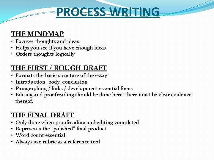 PROCESS WRITING THE MINDMAP • Focuses thoughts and ideas • Helps you see if