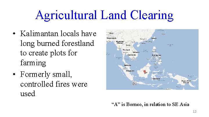 Agricultural Land Clearing • Kalimantan locals have long burned forestland to create plots for