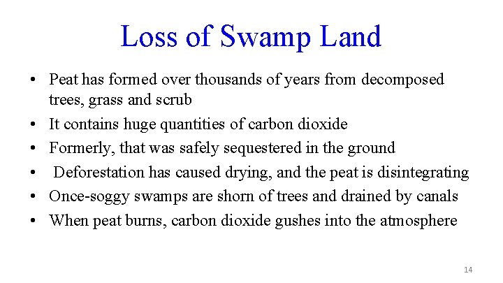 Loss of Swamp Land • Peat has formed over thousands of years from decomposed