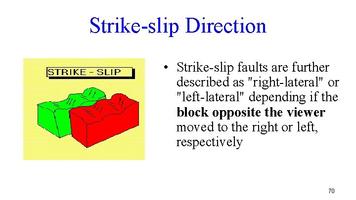 Strike-slip Direction • Strike-slip faults are further described as "right-lateral" or "left-lateral" depending if