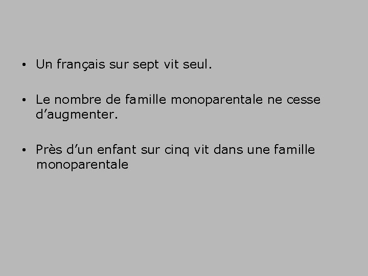  • Un. français sur sept vit seul. • Le nombre de famille monoparentale