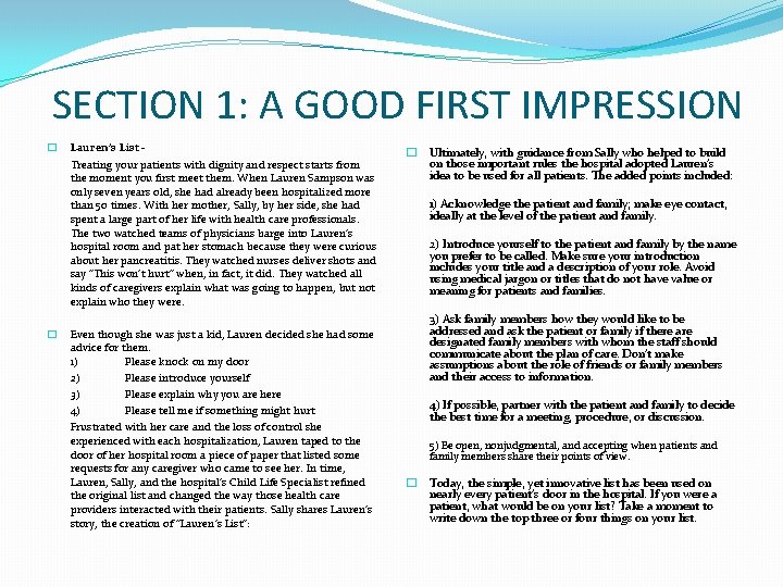 SECTION 1: A GOOD FIRST IMPRESSION � � Lauren’s List Treating your patients with
