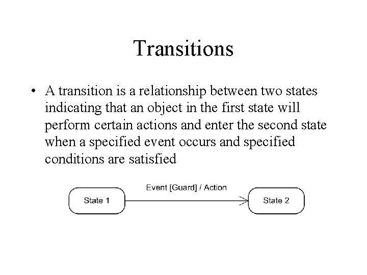 Transitions • A transition is a relationship between two states indicating that an object