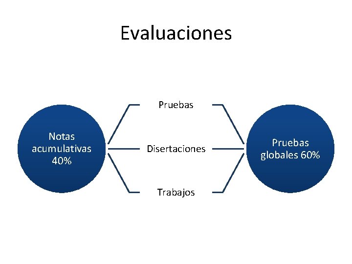 Evaluaciones Pruebas Notas acumulativas 40% Disertaciones Trabajos Pruebas globales 60% 