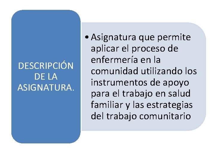  • Asignatura que permite aplicar el proceso de enfermería en la DESCRIPCIÓN comunidad