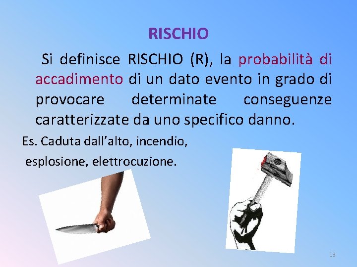 RISCHIO Si definisce RISCHIO (R), la probabilità di accadimento di un dato evento in