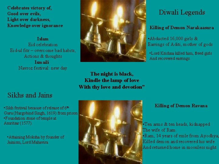 Celebrates victory of, Good over evils, Light over darkness, Knowledge over ignorance Diwali Legends