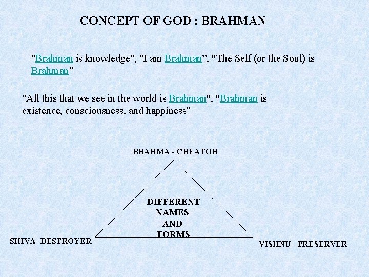 CONCEPT OF GOD : BRAHMAN "Brahman is knowledge", "I am Brahman”, "The Self (or