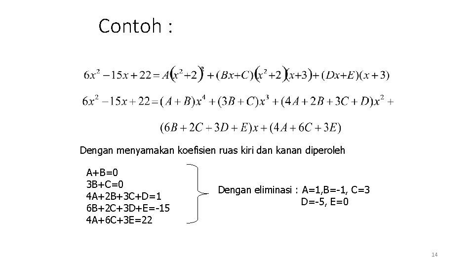 Contoh : Dengan menyamakan koefisien ruas kiri dan kanan diperoleh A+B=0 3 B+C=0 4