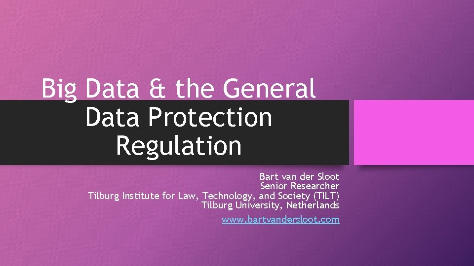 Big Data & the General Data Protection Regulation Bart van der Sloot Senior Researcher