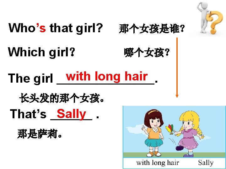 Who’s that girl? Which girl？ The girl 那个女孩是谁？ 哪个女孩？ with long hair. 长头发的那个女孩。 That’s