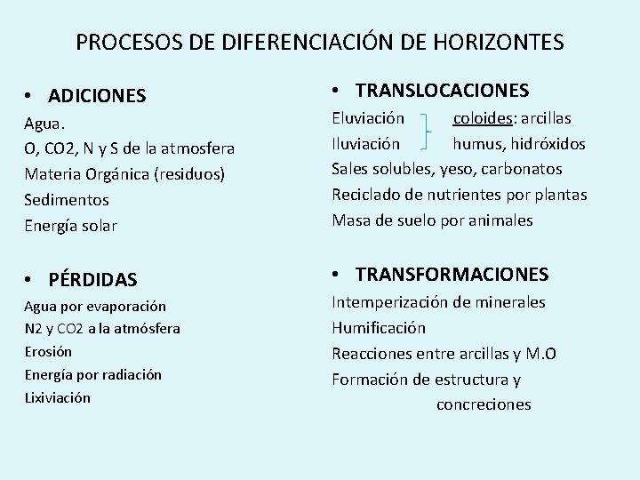 PROCESOS DE DIFERENCIACIÓN DE HORIZONTES • ADICIONES • TRANSLOCACIONES Agua. O, CO 2, N