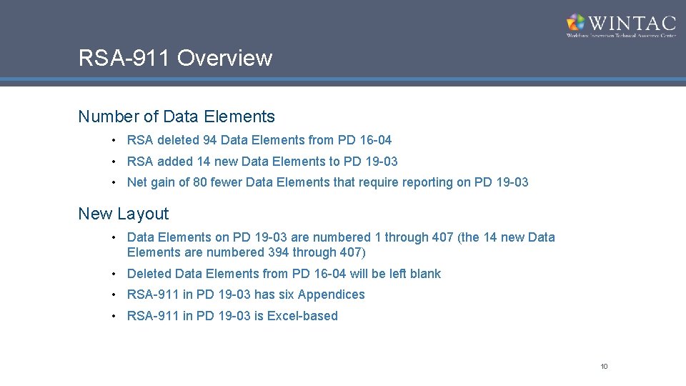RSA-911 Overview Number of Data Elements • RSA deleted 94 Data Elements from PD