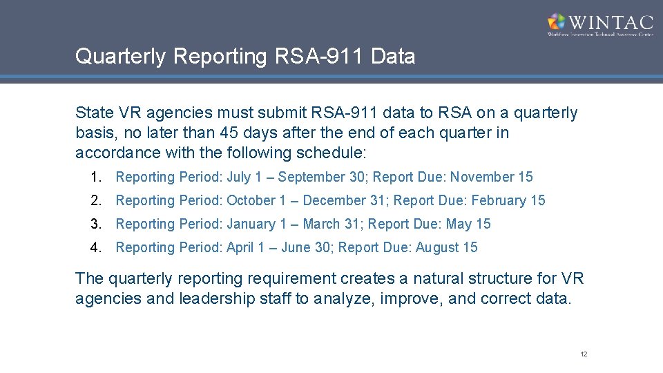 Quarterly Reporting RSA-911 Data State VR agencies must submit RSA-911 data to RSA on