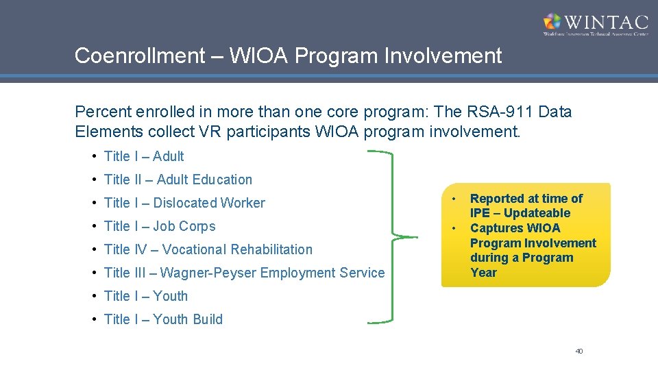 Coenrollment – WIOA Program Involvement Percent enrolled in more than one core program: The