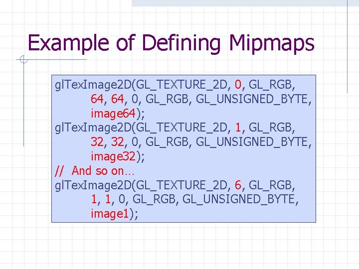 Example of Defining Mipmaps gl. Tex. Image 2 D(GL_TEXTURE_2 D, 0, GL_RGB, 64, 0,