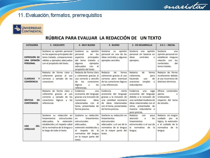 11. Evaluación, formatos, prerrequisitos 