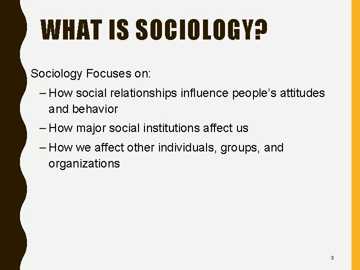 WHAT IS SOCIOLOGY? • Sociology Focuses on: – How social relationships influence people’s attitudes