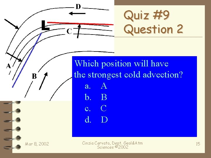 Quiz #9 Question 2 Which position will have the strongest cold advection? a. A