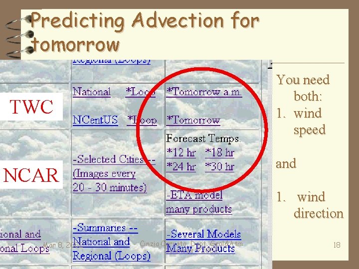 Predicting Advection for tomorrow You need both: 1. wind speed TWC and NCAR 1.