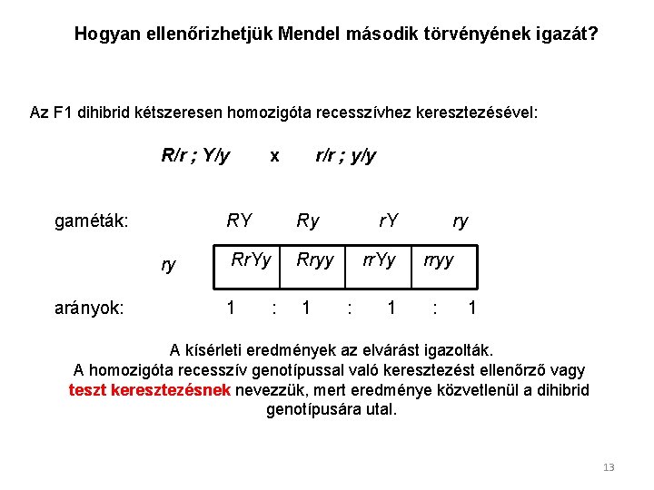 Hogyan ellenőrizhetjük Mendel második törvényének igazát? Az F 1 dihibrid kétszeresen homozigóta recesszívhez keresztezésével: