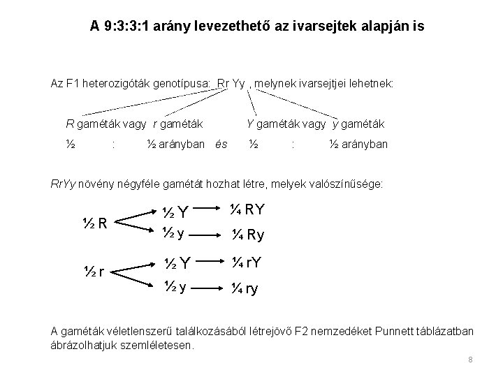 A 9: 3: 3: 1 arány levezethető az ivarsejtek alapján is Az F 1