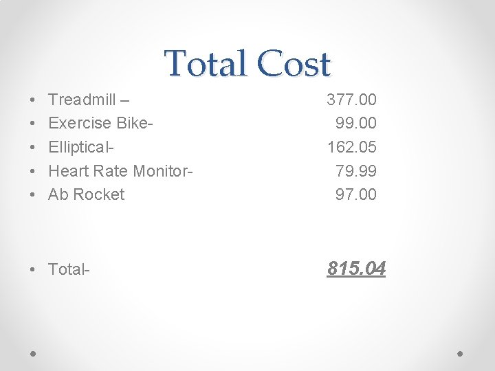 Total Cost • • • Treadmill – Exercise Bike. Elliptical. Heart Rate Monitor. Ab