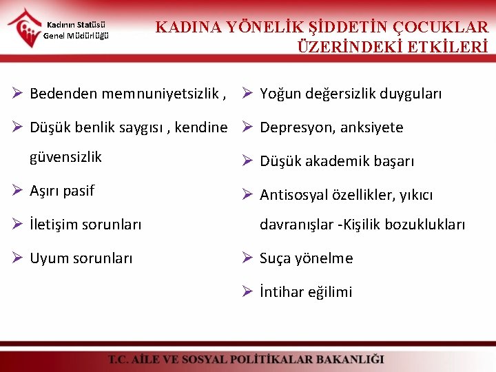 Kadının Statüsü Genel Müdürlüğü KADINA YÖNELİK ŞİDDETİN ÇOCUKLAR ÜZERİNDEKİ ETKİLERİ Ø Bedenden memnuniyetsizlik ,