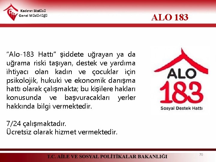 Kadının Statüsü Genel Müdürlüğü ALO 183 “Alo-183 Hattı” şiddete uğrayan ya da uğrama riski