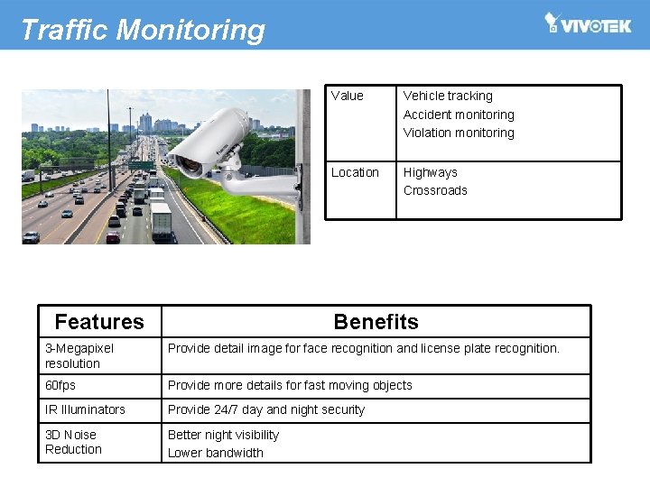 Traffic Monitoring Features Value Vehicle tracking Accident monitoring Violation monitoring Location Highways Crossroads Benefits