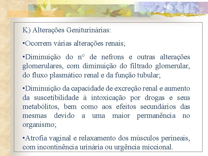 K) Alterações Geniturinárias: • Ocorrem várias alterações renais; • Diminuição do n° de nefrons