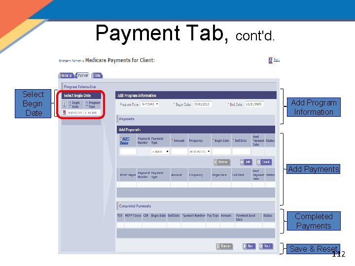 Payment Tab, cont'd. Select Begin Date Add Program Information Add Payments Completed Payments Save