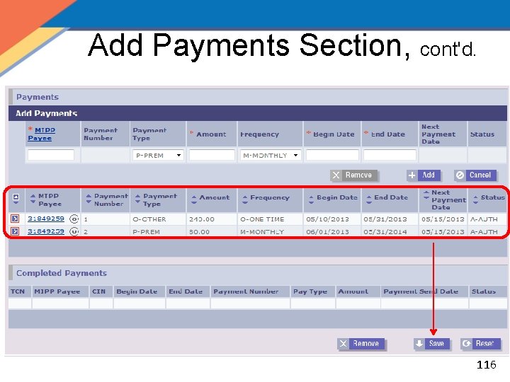 Add Payments Section, cont'd. 116 