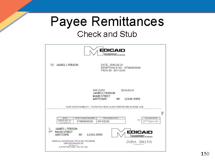Payee Remittances Check and Stub 150 