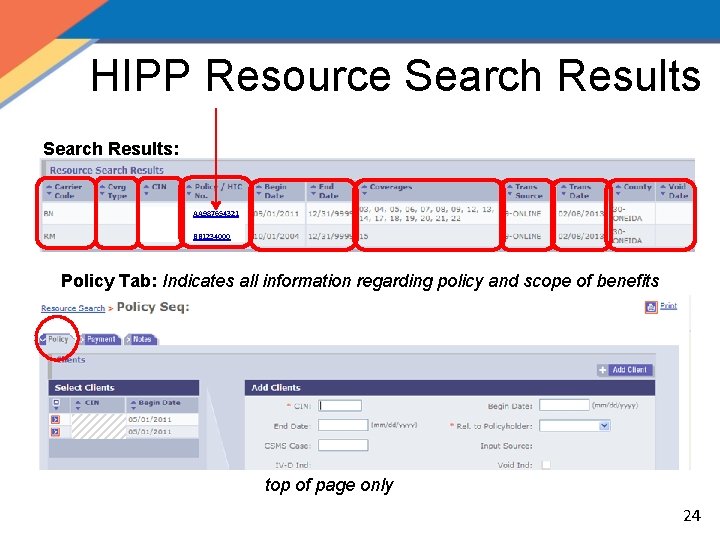 HIPP Resource Search Results: AA 987654321 BB 1234000 Policy Tab: Indicates all information regarding