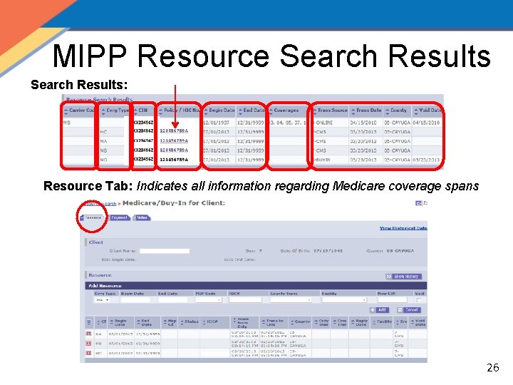 MIPP Resource Search Results: Resource Tab: Indicates all information regarding Medicare coverage spans 26