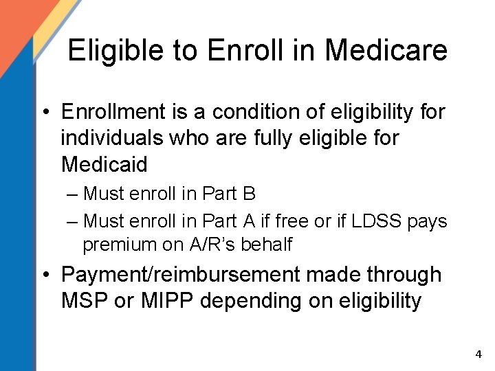 Eligible to Enroll in Medicare • Enrollment is a condition of eligibility for individuals