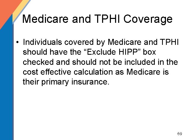 Medicare and TPHI Coverage • Individuals covered by Medicare and TPHI should have the