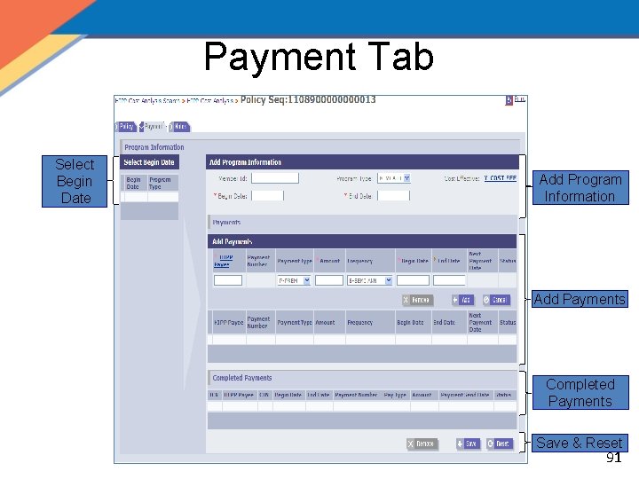 Payment Tab Select Begin Date Add Program Information Add Payments Completed Payments Save &