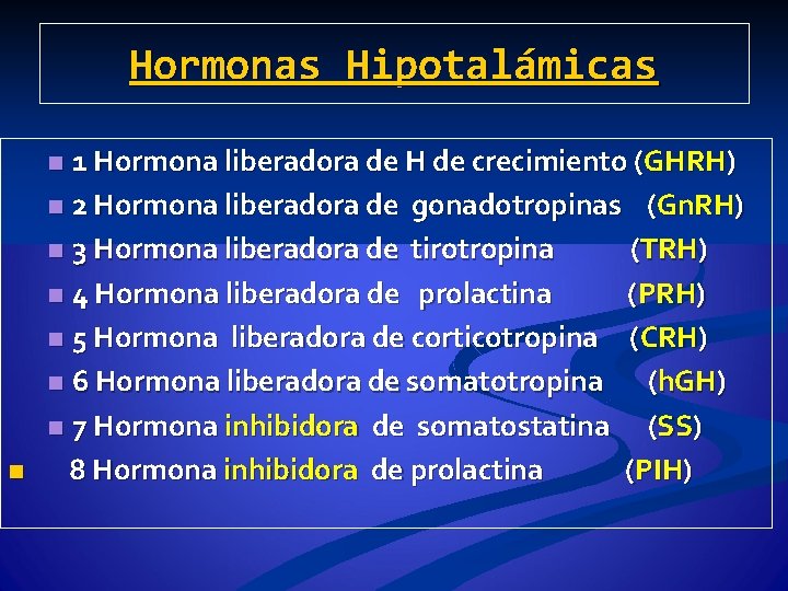 Hormonas Hipotalámicas 1 Hormona liberadora de H de crecimiento (GHRH) n 2 Hormona liberadora