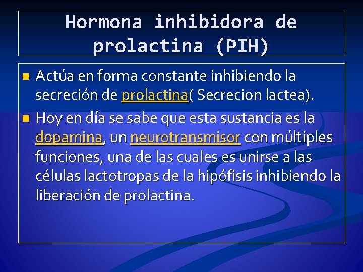 Hormona inhibidora de prolactina (PIH) Actúa en forma constante inhibiendo la secreción de prolactina(