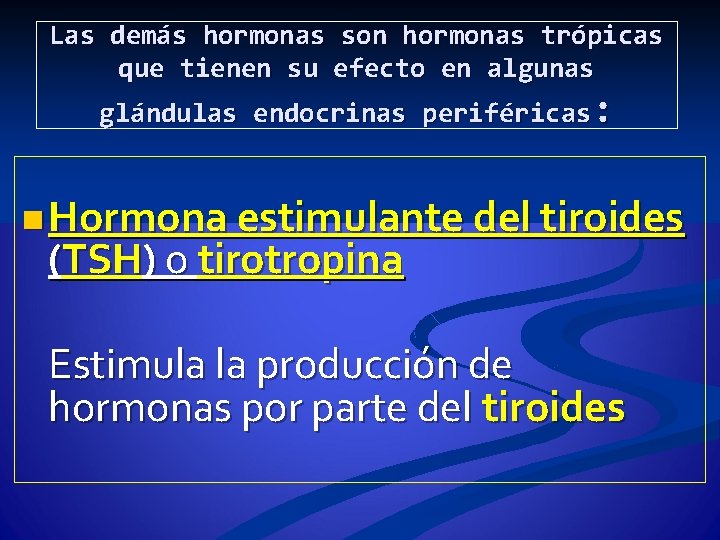 Las demás hormonas son hormonas trópicas que tienen su efecto en algunas glándulas endocrinas