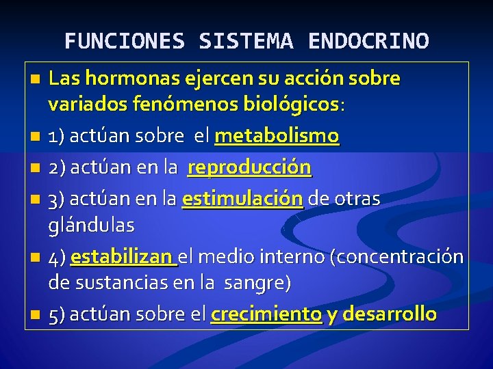 FUNCIONES SISTEMA ENDOCRINO Las hormonas ejercen su acción sobre variados fenómenos biológicos: n 1)